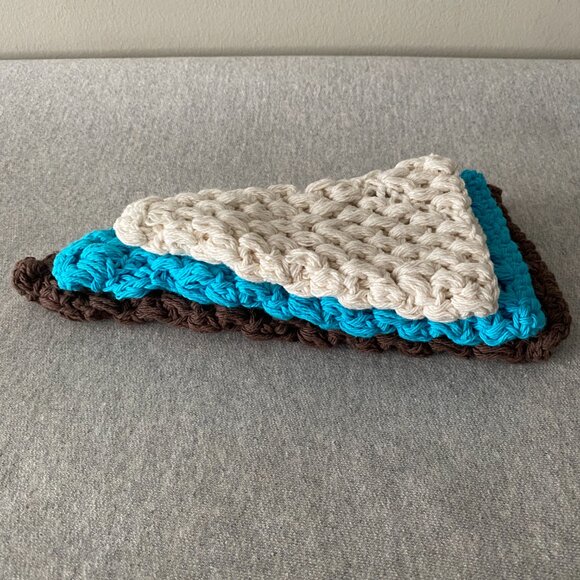 Handmade Crochet White Blue Brown Holiday Christmas Tree Covers Decor Set of 3 - Picture 5 of 8